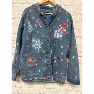 Denim & Co Multicolor Floral Embroidered Vintage Jean Blazer Jacket SZ Large